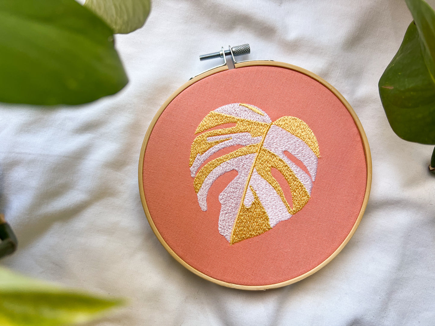 pastel monstera embroidery hoop