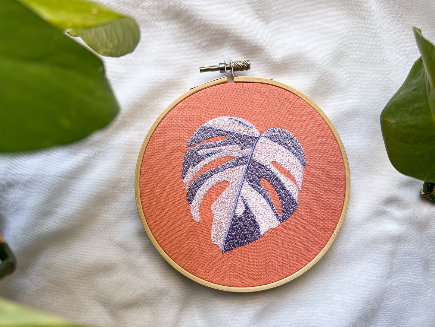 pastel monstera embroidery hoop