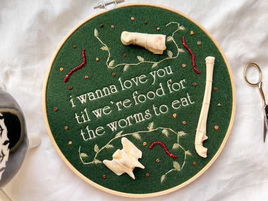 food for the worms oddity embroidery hoop