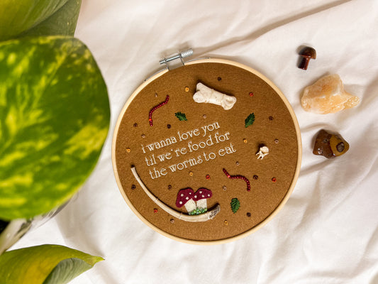 food for the worms oddity embroidery hoop