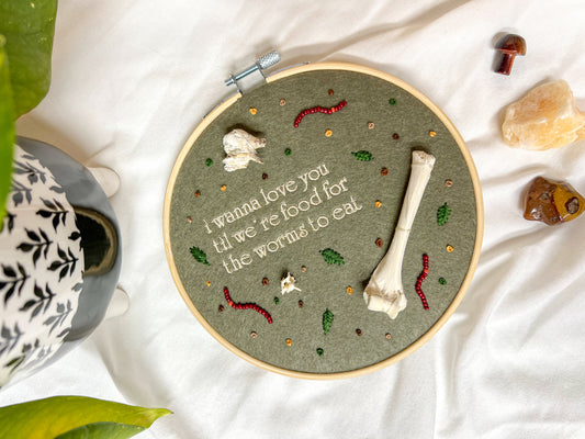 food for the worms oddity embroidery hoop