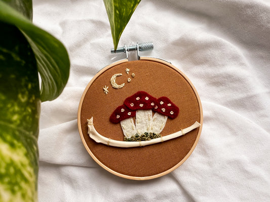 moonlight mushroom oddity embroidery hoop