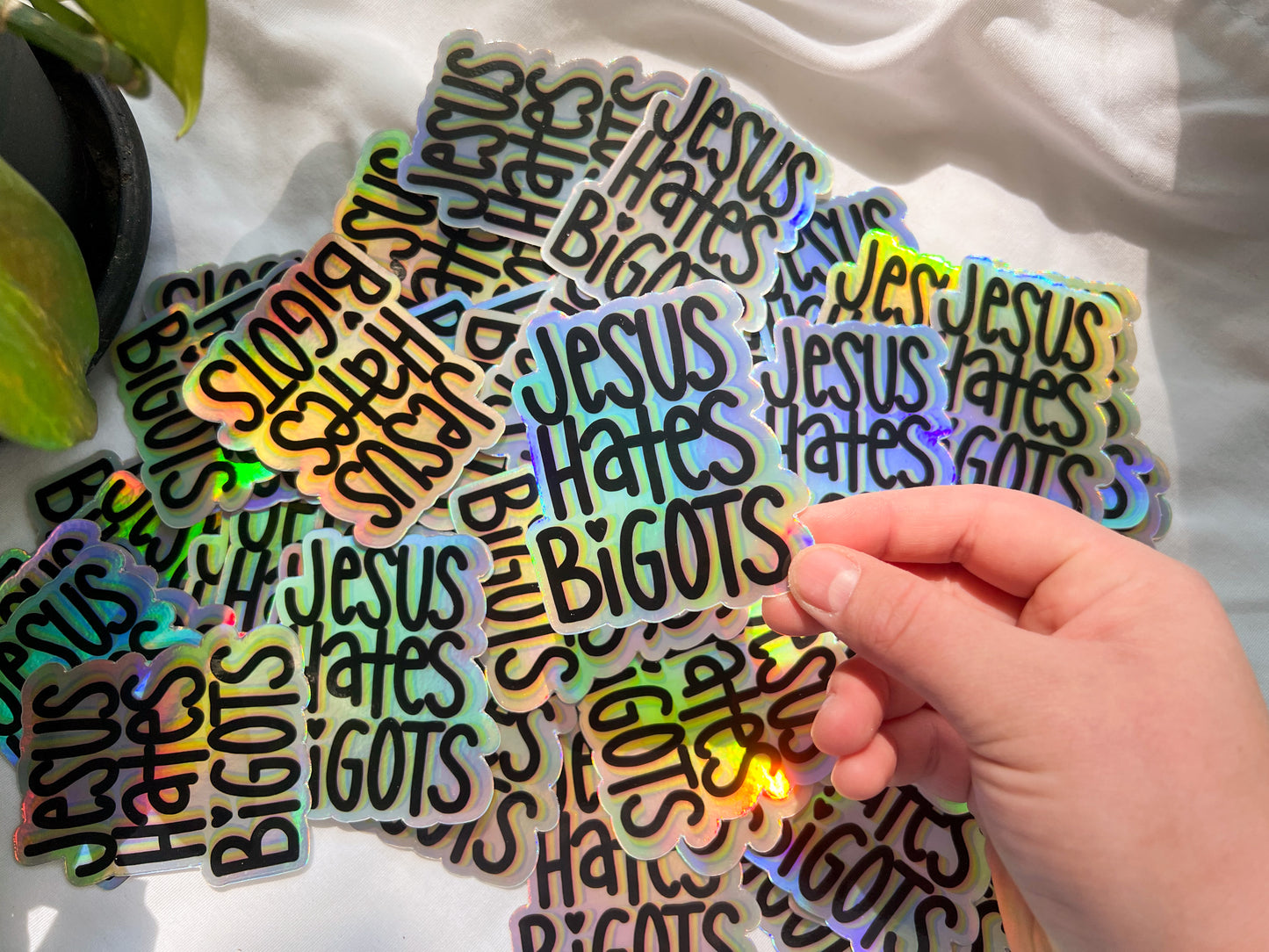 jesus hates bigots holographic sticker