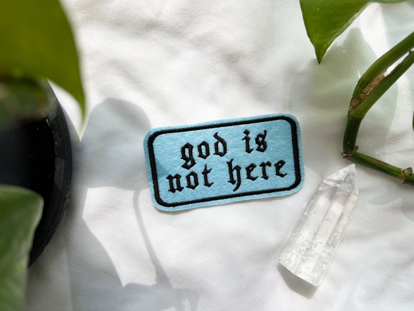 god is not here iron-on patch